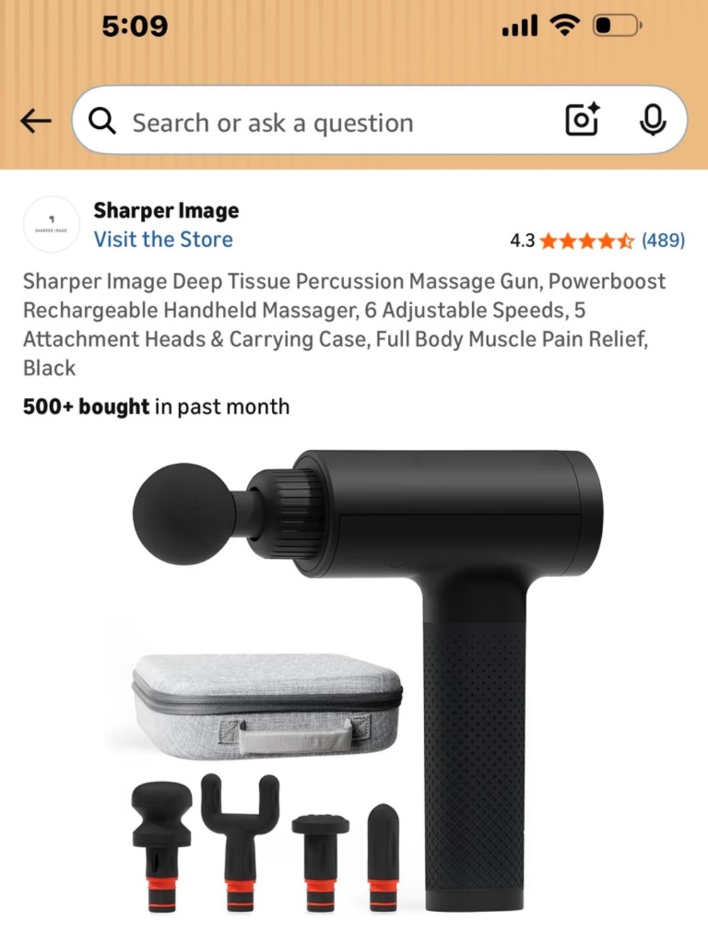 Sharper Image Black Deep Tissue Percussion Massage Gun with Attachments